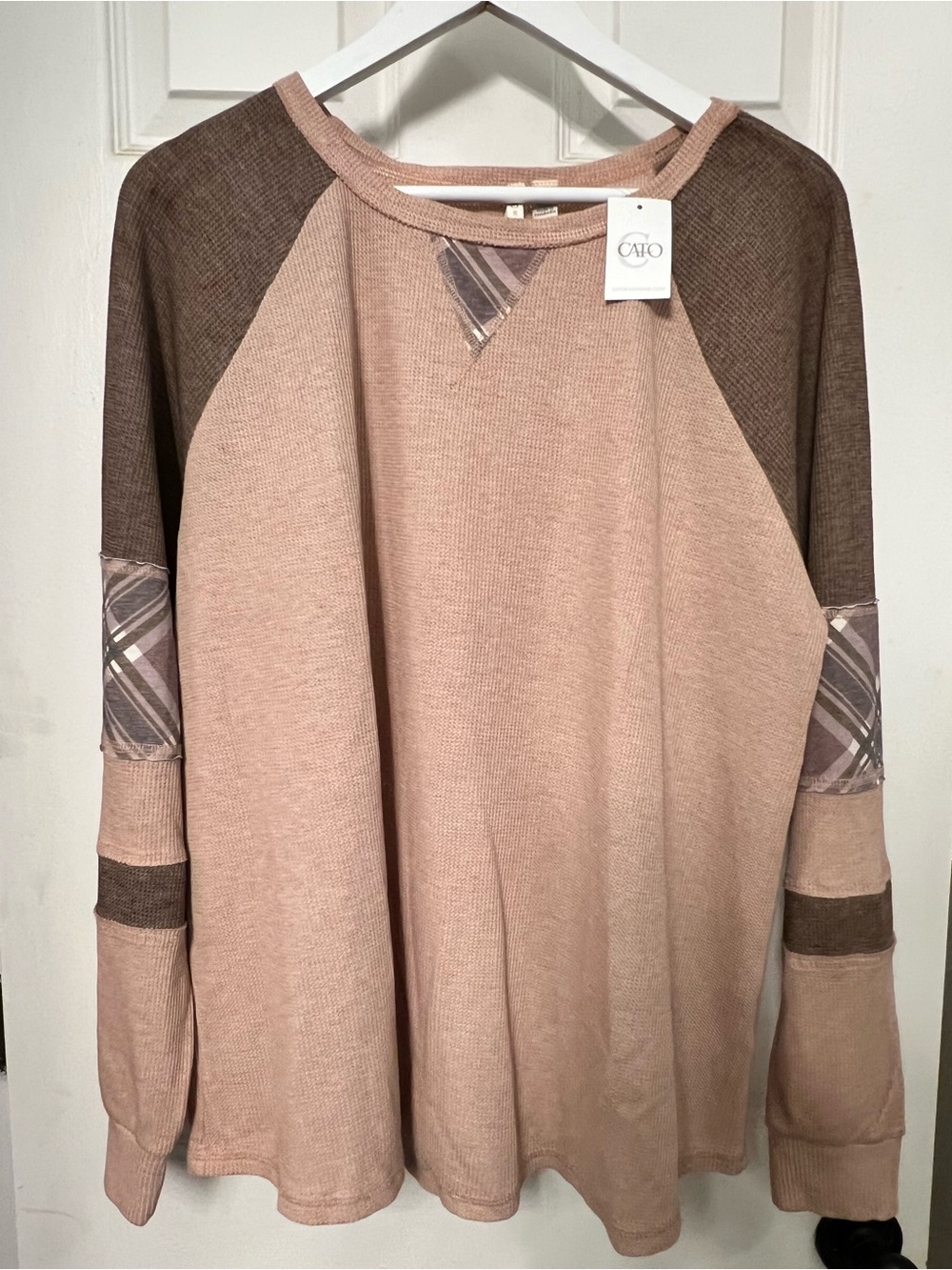 Cato Pink and Brown Raglan Pullover with Plaid Elbow Patches